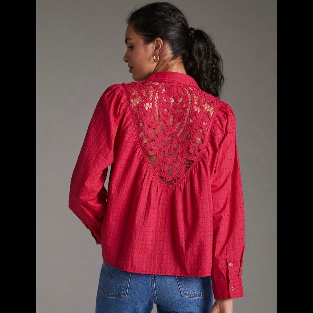 Anthropologie Pilcro Lace Back Button down long sleeve blouse in Pink XS NWT - Picture 12 of 12